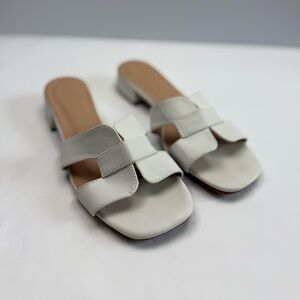 White Leather Slide Sandals Square Toe Minimalist Low Heel Women’s Size 9